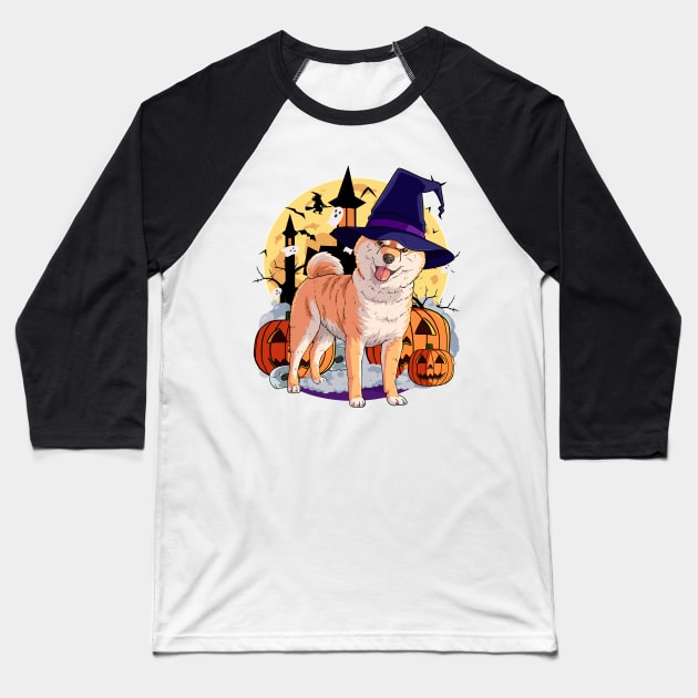 Shiba Inu Scary Dog Halloween Witch Pumpkin Baseball T-Shirt by Noseking